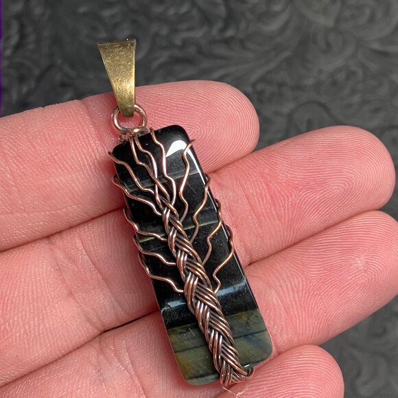 Blue Tigers Hawk Eye Wire Wrapped Tree of Life Pendant Stone Crystal Jewelry - Picture 4 of 7